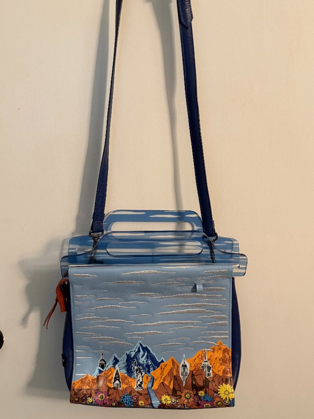Min & Mon Blue Leather City Print Vali Crossbody with acrylic handles